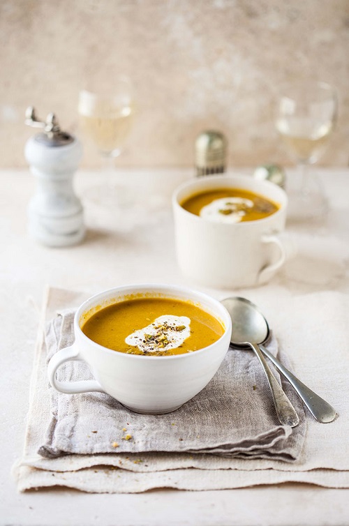 Carrot Soup with yogurt and spiced pistachios